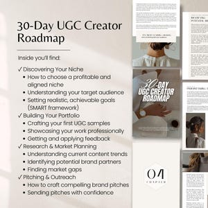 K&ouml;nnte beinhalten: Ein digitaler Marketing-Leitfaden mit dem Titel "30-Day UGC Creator Roadmap" mit einer Liste von Themen, darunter Nischenfindung, Portfolioaufbau und Marktplanung. Das Bild enth&auml;lt ein Buchcover und mehrere Seiten mit Text und Bildern.