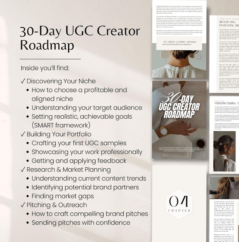 K&ouml;nnte beinhalten: Ein digitaler Marketing-Leitfaden mit dem Titel "30-Day UGC Creator Roadmap" mit einer Liste von Themen, darunter Nischenfindung, Portfolioaufbau und Marktplanung. Das Bild enth&auml;lt ein Buchcover und mehrere Seiten mit Text und Bildern.