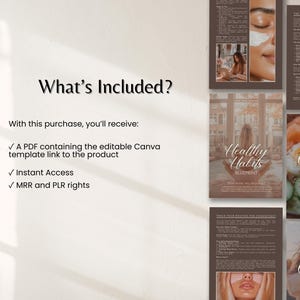 May include: A digital product presentation with the text "What's Included?" and a list of included items: a PDF with a Canva template link, instant access, and MRR/PLR rights. The presentation includes images of a woman and food.