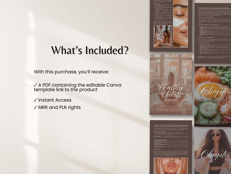 May include: A digital product presentation with the text "What's Included?" and a list of included items: a PDF with a Canva template link, instant access, and MRR/PLR rights. The presentation includes images of a woman and food.