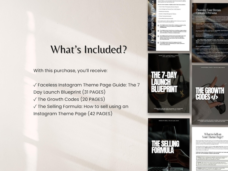 Może przedstawiać: Obraz pakietu produkt&oacute;w cyfrowych z tekstem "What's Included?" i listą przewodnik&oacute;w: Faceless Instagram Theme Page Guide, 7-Day Launch Blueprint (31 stron), The Growth Codes (20 stron) i The Selling Formula (42 strony).