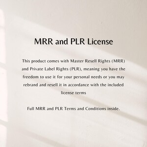 K&ouml;nnte beinhalten: Wei&szlig;er Hintergrund mit schwarzem Text "MRR and PLR License". Der Text erkl&auml;rt Master Resell Rights (MRR) und Private Label Rights (PLR), die pers&ouml;nliche Nutzung, Rebranding und Weiterverkauf erm&ouml;glichen. Enth&auml;lt "Full MRR and PLR Terms and Conditions inside."