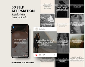 50 Self Affirmation Instagram Templates Motivational Quotes Social Media Content Bundle IG Post and Story Templates for Mindset and Wellness