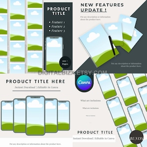May include: A digital product mockup featuring a smartphone with a green and blue landscape design. The mockup is surrounded by smaller versions of the same design, and the text "PRODUCT TITLE HERE" is displayed above the main mockup. The text "Instant Download | Editable in Canva" is also included.