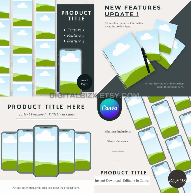 May include: A digital product mockup featuring a smartphone with a green and blue landscape design. The mockup is surrounded by smaller versions of the same design, and the text "PRODUCT TITLE HERE" is displayed above the main mockup. The text "Instant Download | Editable in Canva" is also included.