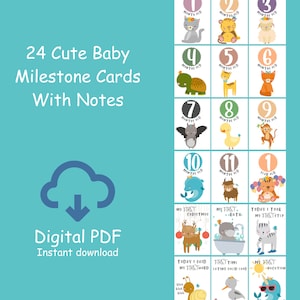 24 jolies cartes jalon pour bébé avec notes | Cartes d'étape d'âge | Cartes souvenir de bébé | Cartes de vœux unisexes | Cadeaux baby shower | Imprimable