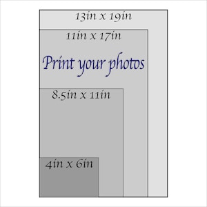 May include: A diagram showing different print sizes for photos, including 4x6 inches, 8.5x11 inches, 11x17 inches, and 13x19 inches. The text "Print your photos" is in the center of the diagram.