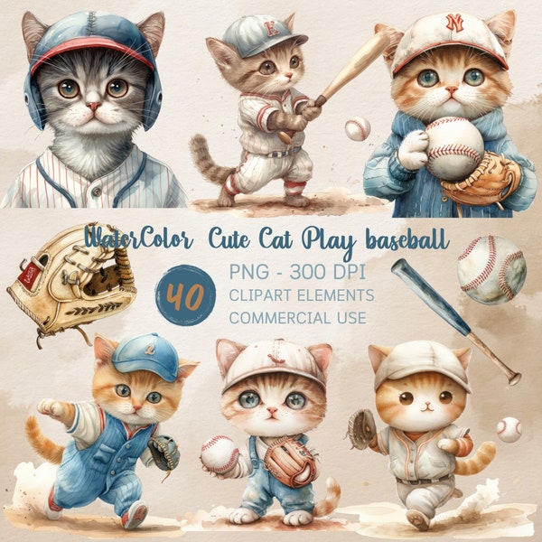 Cute Cat playing baseball and Cliparts, Watercolor kittens Cat PNG, 21 cute cats play baseball concept clipart with transparent background.