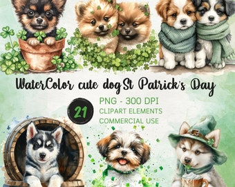 Cute Dog St.Patrick's Day Cliparts, Watercolor St Patricks Dog PNG, 21 cute dog St Patrick's Day clipart with transparent background