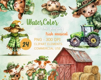 Watercolor St Patricks Highland Cows Clipart, 24 PNG Irish Clipart, Highland Cow Clipart, St Patricks Day Clover Shamrocks, Commercial Use.