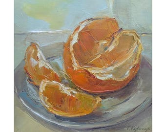 May include: An oil painting on canvas depicting a partially peeled orange and two segments resting on a small, light-colored plate. The artwork features visible brushstrokes in shades of orange, yellow, and white, with the artist signature T. Kylivnyk in the bottom right corner.