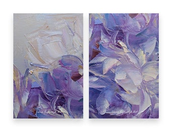 Ansichtkaartset van twee afbeeldingen: abstracte blauwe bloemen Fragmenten van abstract bloemenolieverfschilderij - blauwe pioenrozen