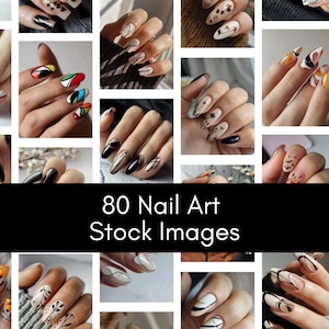 May include: A collage of 80 images showcasing various nail art designs. The designs include abstract patterns, floral motifs, and geometric shapes in a variety of colors.