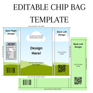 Può includere: Modello di sacchetto per patatine fritte modificabile con sfondo verde e blu. Il modello include sezioni per un design posteriore destro, un design posteriore sinistro e un'area di design principale. Il modello include anche istruzioni per incollare e fissare il sacchetto.