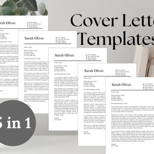May include: Five cover letter templates in black and white text on a white background. The text "Cover Letter Templates" is in a larger font size than the rest of the text. The text "5 in 1" is in a gray circle.