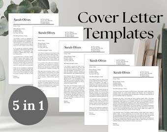 May include: Five cover letter templates in black and white text on a white background. The text "Cover Letter Templates" is in a larger font size than the rest of the text. The text "5 in 1" is in a gray circle.
