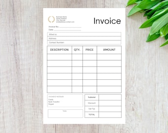 May include: A blank invoice template with fields for business name, address, invoice number, date, billed to, address, contact number, description, quantity, price, amount, payment method, subtotal, discount, VAT tax, and total.