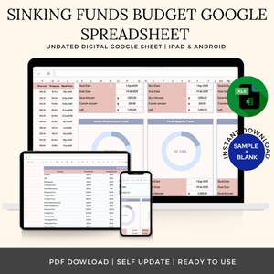 May include: A digital spreadsheet for tracking sinking funds. The spreadsheet is shown on a laptop, tablet, and phone. The spreadsheet includes a section for tracking home maintenance funds and a section for tracking truck upgrade funds. The spreadsheet also includes a pie chart showing the percentage of funds saved for each category. The spreadsheet is labeled "Sinking Funds Budget Google Spreadsheet".