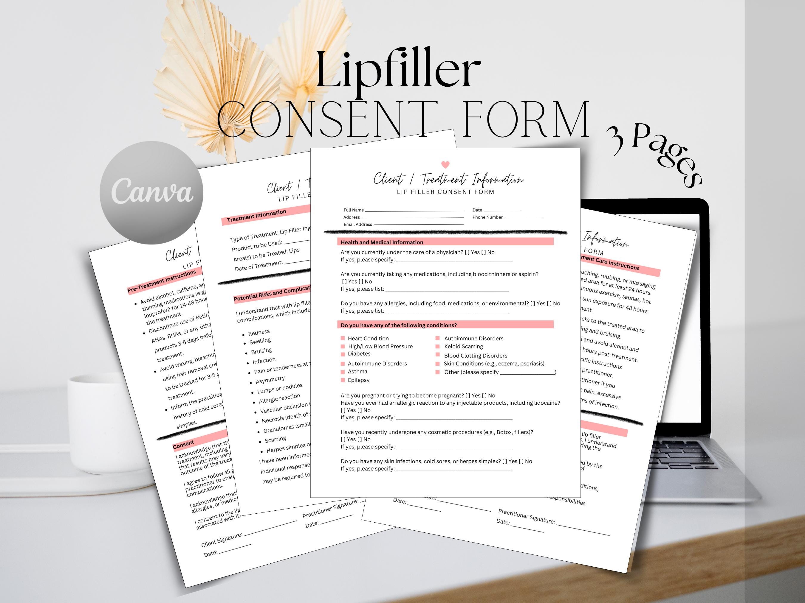 Lip Filler Treatment Consent Form Printable Esthetician Treatment Consent Aesthetic Agreement Consent for Lip Filler Esthetician Template