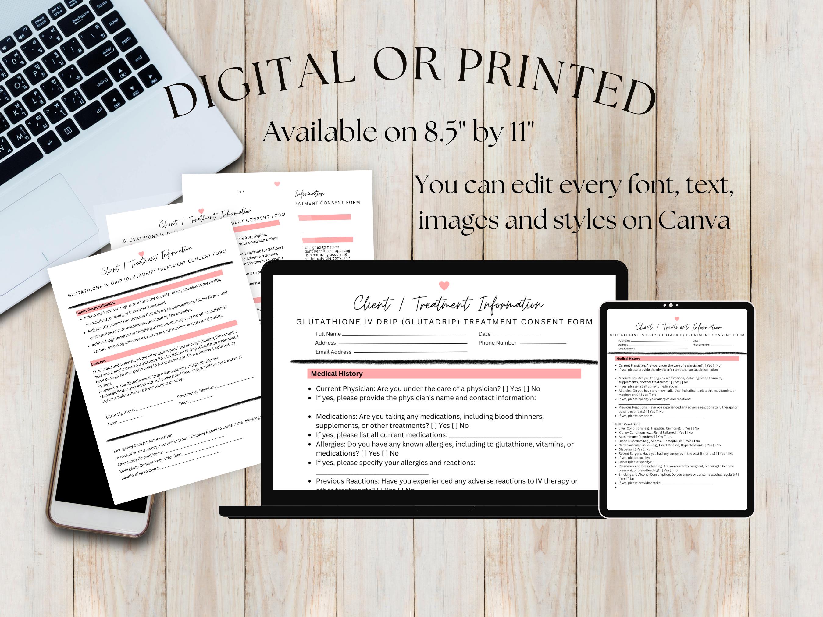 iv glutathione consent form Glutadrip Consent Form Template | Editable Client Waiver & Treatment Form |  Printable Esthetician PDF