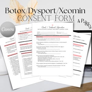 May include: A four-page consent form for Botox, Dysport, or Xeomin treatments. The form includes sections for client information, medical history, and potential risks and complications. The form is printed on white paper with pink accents.