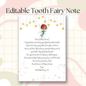 Carta del Hada de los Dientes Nota del Hada de los Dientes Plantilla personalizada de carta del Hada de los Dientes editable e imprimible Plantilla del Hada de los Dientes para niños