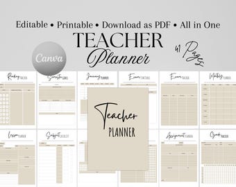 Teacher Planner Printable | Editable Lesson & Grade Tracker | Weekly and Monthly Organizer | Canva Template PDF