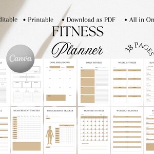 Fitness Planner Editable Tracker Organizer Planner Printable Aesthetic Planner Weekly and Monthly Planner Template Canva PDF Easy Download