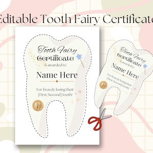 Zahnfee Zertifikat Vorlage Tooth Fairy Note Personalisierte und bearbeitbare Vorlage für das Tooth Fairy Zertifikat druckbare Tooth Fairy Note