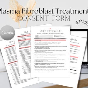 Op de afbeelding: Een toestemmingsformulier voor een Plasma Fibroblast-behandeling. Het formulier bevat secties voor klantgegevens, medische geschiedenis en behandelingsinformatie. Het formulier is afgedrukt op wit papier met roze accenten.