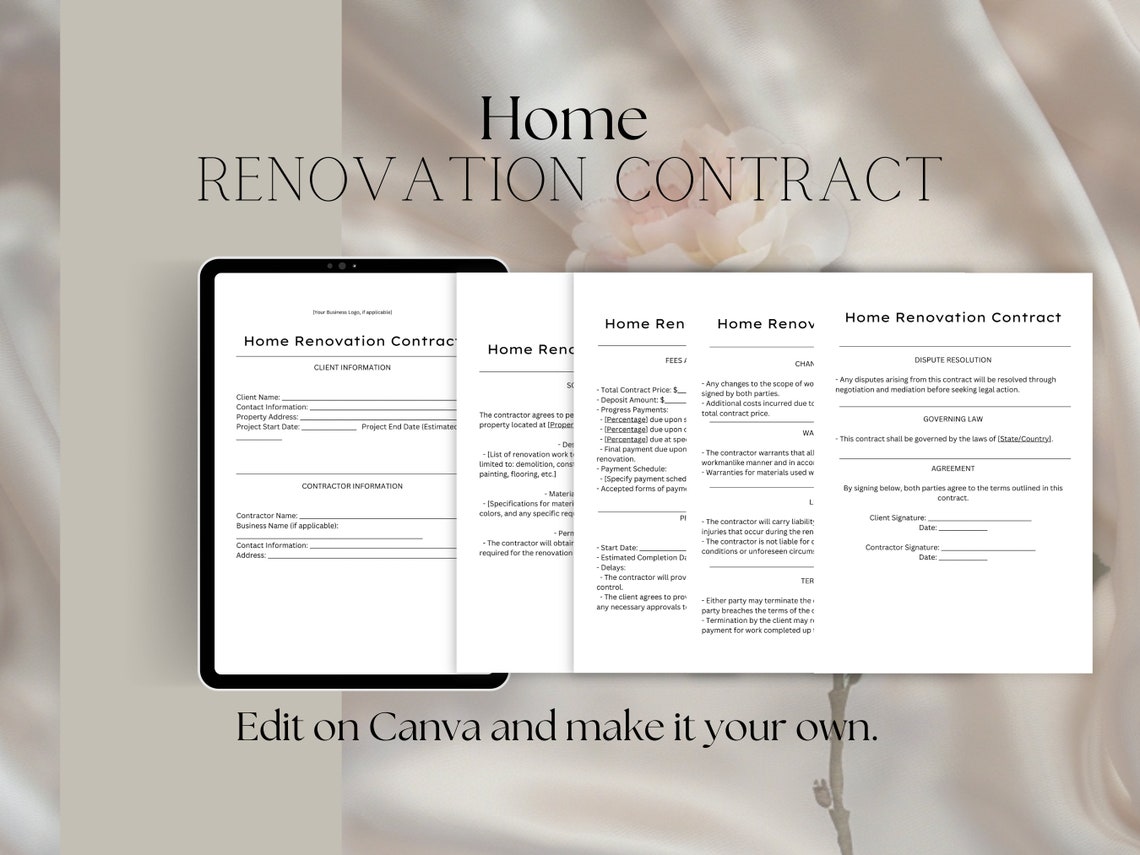 Home Renovation Contract Canva Template Home Renovation Form Agreements ...