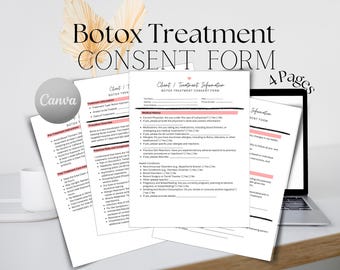Może przedstawiać: Zbliżenie na formularz zgody na leczenie botoksem z tekstem "Botox Treatment Consent Form" w dużych, pogrubionych, czarnych literach. Formularz jest podzielony na sekcje z nagłówkami, takimi jak "Informacje o leczeniu", "Historia choroby" i "Stan zdrowia".