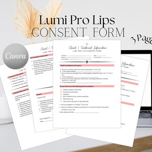 May include: Lumi Pro Lips Consent Form, a three-page document with sections for client information, health and medical information, and consent. The form is printed on white paper with pink accents.
