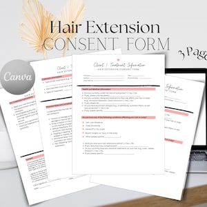 Formulario de consentimiento para el tratamiento de extensiones de cabello Formulario de consulta sobre extensiones de cabello editables Formulario de exención del acuerdo de extensión de cabello Formulario de admisión del cliente