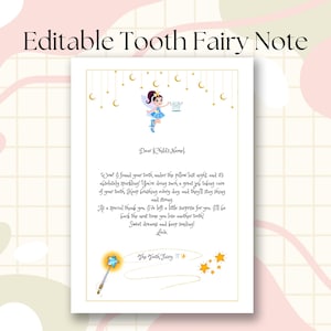Plantilla de carta editable del Hada de los Dientes Plantilla personalizada de nota del Hada de los Dientes Certificado del primer diente para niños Plantilla personalizada Carta para niños
