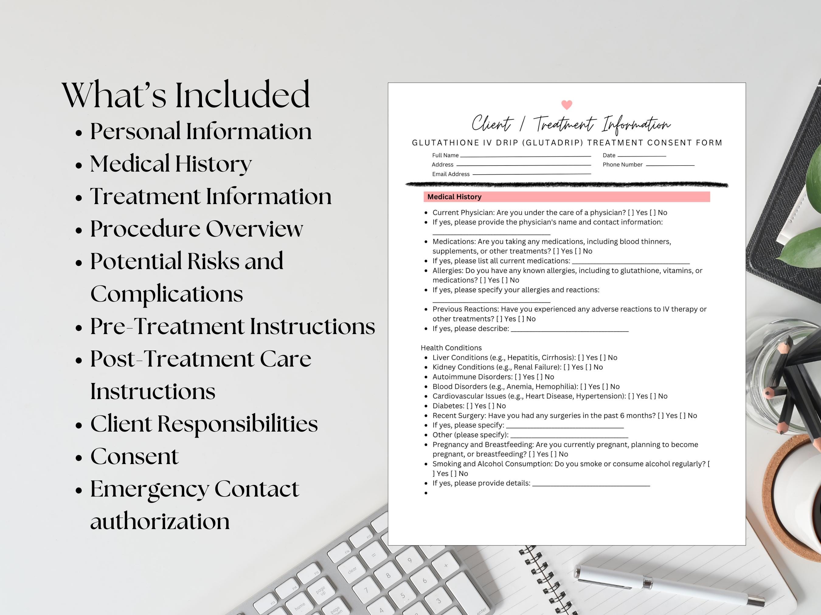 glutathione consent form pdf Glutadrip Consent Form Template | Editable Client Waiver & Treatment Form | Printable Esthetician PDF
