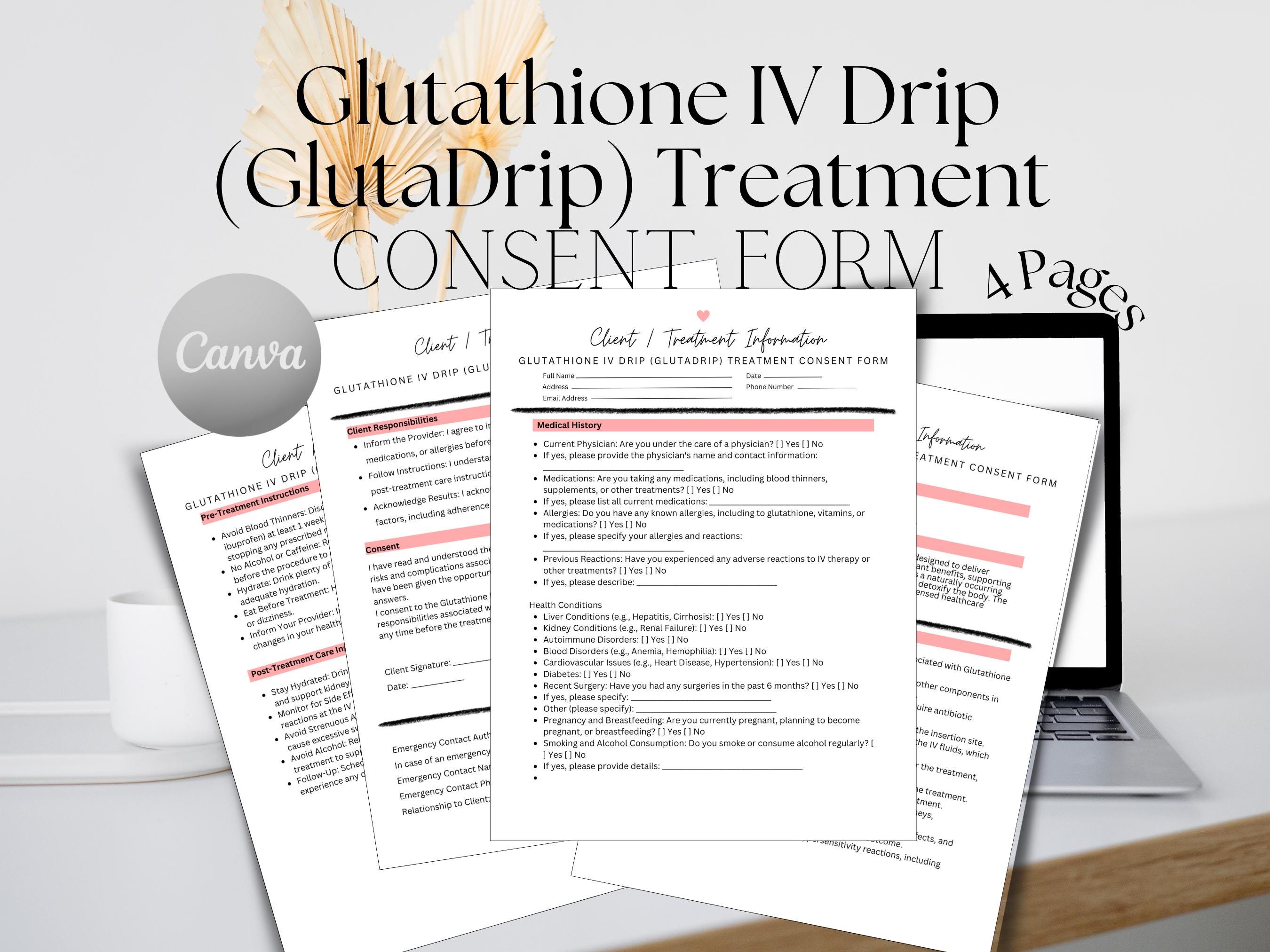 glutathione and blood thinners Glutadrip Consent Form Template | Editable Client Waiver & Treatment Form |  Printable Esthetician PDF