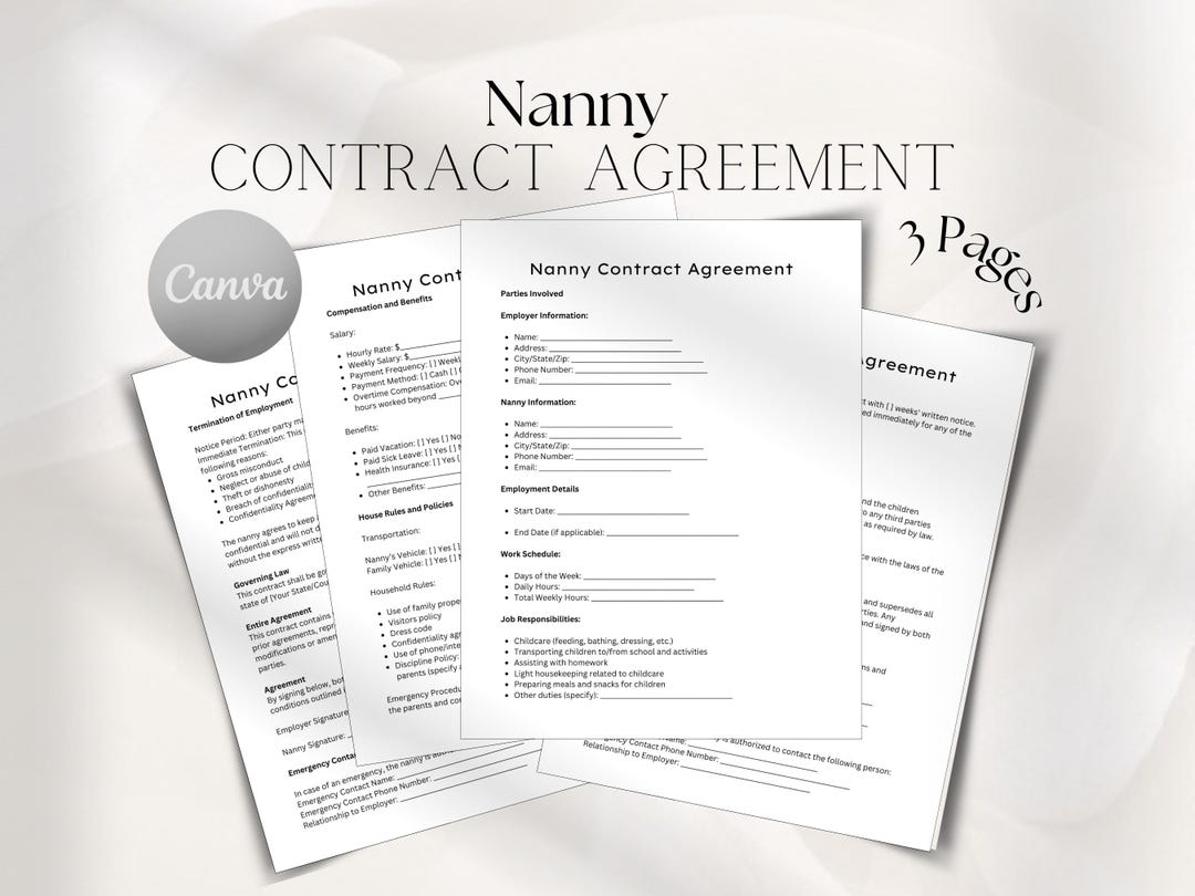 Nanny Contract Form Printable Nanny Babysitter Agreement Nanny Contract Template Babysitter ...