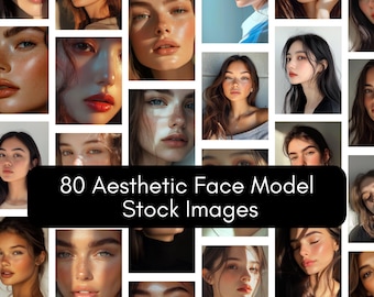 May include: A collage of 80 images featuring different people's faces. The faces are all close-ups and are arranged in a grid pattern. The images are all in color and are of high quality. The text "80 Aesthetic Face Model Stock Images" is displayed in the center of the collage.