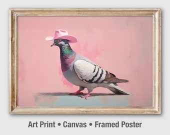 May include: A framed illustration of a pigeon wearing a pink cowboy hat on a pink background.