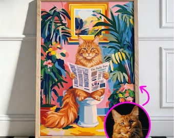 Custom Pet Portrait, Funny Bathroom Wall Art, Cat Mom Gifts, Personalized Cat Print, Matisse Style, Painting From Photo, Bathroom Decor.