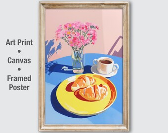 Croissant Wall Art Print, French Breakfast Poster, Kitchen Decor, Coffee Lover Gift, Colorful Food Art, Cafe Dining Room Print
