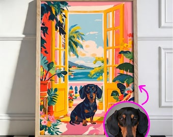 Custom Pet Portrait, Tropical Wall Art, Dog Mom Gift, Personalized Dog Print, Matisse Window.