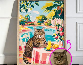 Custom Pet Portrait, Poolside Wall Art, Cat Dad Gifts, Personalized Cat Art Print, Matisse Style, Painting From Photo, Colorful Home Decor
