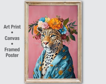 Floral Leopard Wall Art, Vintage Painting Style Animal Portrait, Maximalist Eclectic Wall Decor | UA054