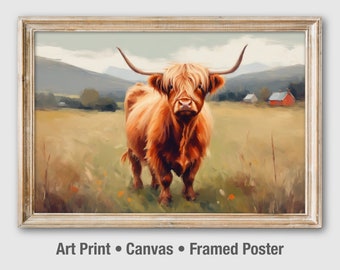 Highland Cow Painting, Farmhouse Wall Decor, Cattle Art Print Canvas Framed Poster. UA030