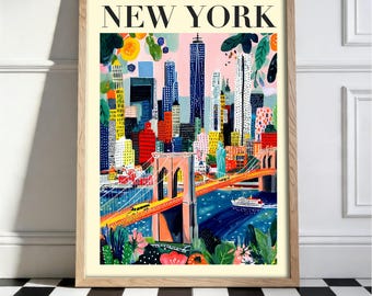 New York City Poster, Colorful NYC Wall Art, Brooklyn Bridge Print, Travel Decor Gift, Maximalist Illustration, Manhattan Skyline Art