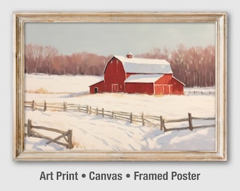 Red Barn Painting, Farmhouse Wall Art, Rustic Art Print, Large Canvas Framed Poster. UA033
