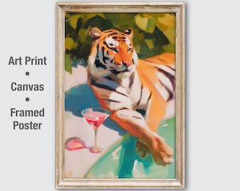 Tiger Cocktail Wall Art, Maximalist Tiger Poster, Funny Bar Cart Print, Eclectic Living Room Decor, Pink Martini Painting, Animal Print Gift