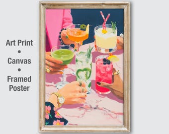Cocktail Wall Art Print, Girls Night Out Poster, Cheers Bar Cart Decor, Drinks Canvas, Bachelorette Gift, Fun Colorful Kitchen Art.